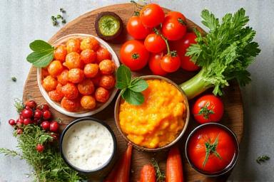 A vibrant plate of fermented foods and healthy probiotics, representing a balanced gut microbiome.