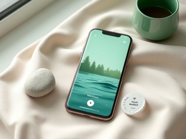 Smartphone displaying Calm meditation app interface with nature background and 'Sylvan Health Recommended' badge.