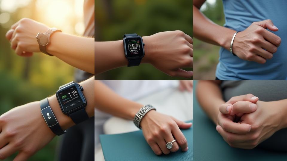 A collage of modern wearable fitness trackers, smartwatches, and smart rings on diverse wrists, showcasing different styles and features. The background includes blurred elements of a natural outdoor setting and a home gym, suggesting active lifestyles.